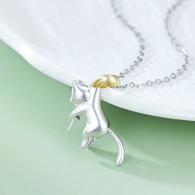 925 sterling silver clavicle chain necklace with cat design elements and electroplated finish