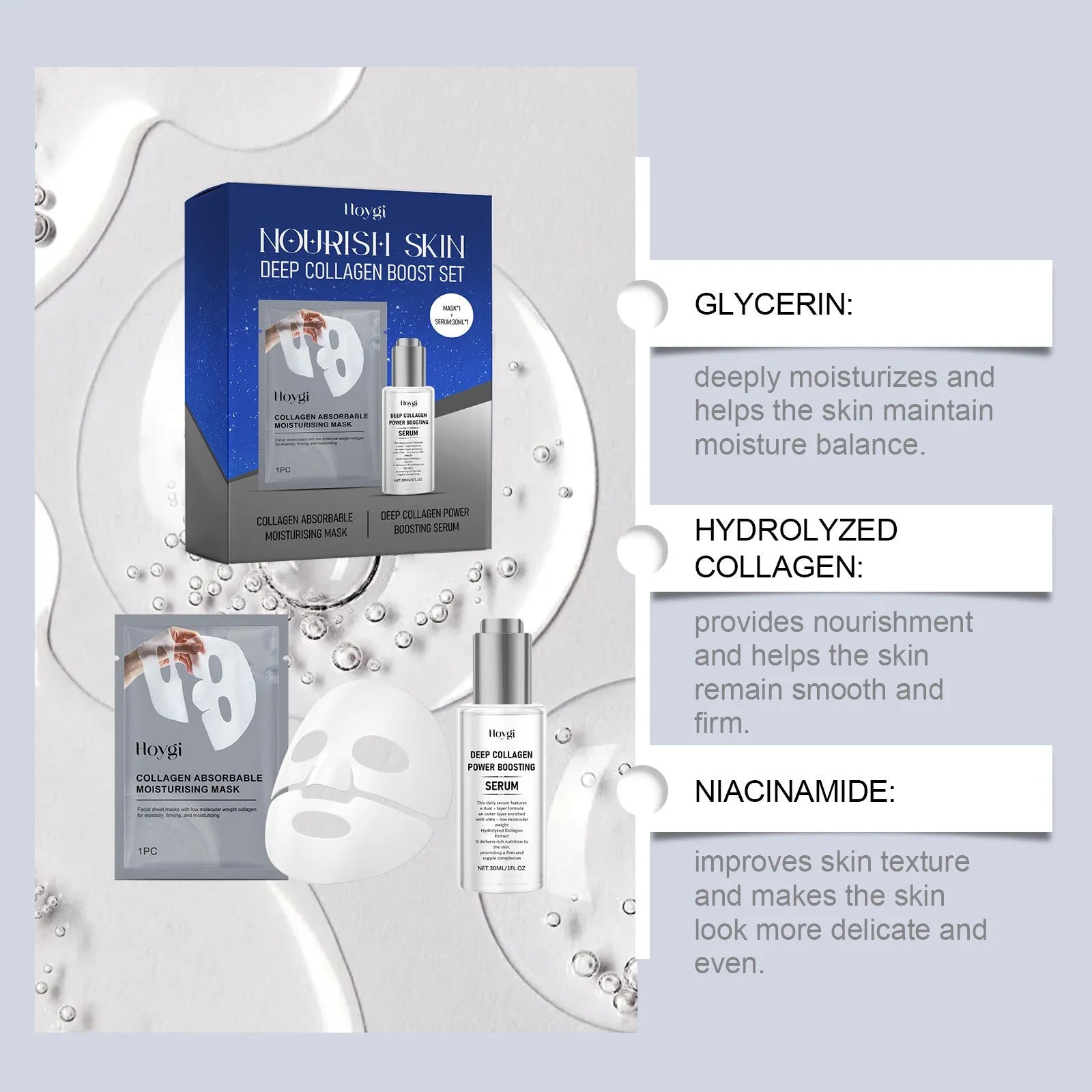 Collagen moisturising suit with facial mask and 30ml essence bottle for gentle skin hydration