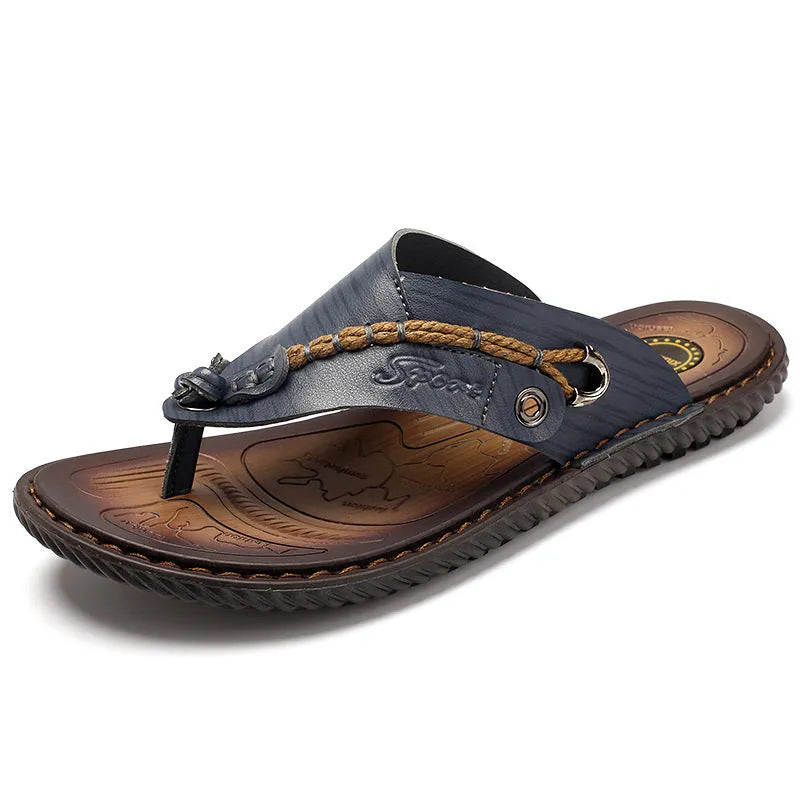 Men's black non-slip casual slippers with PU leather upper showing sole tread pattern