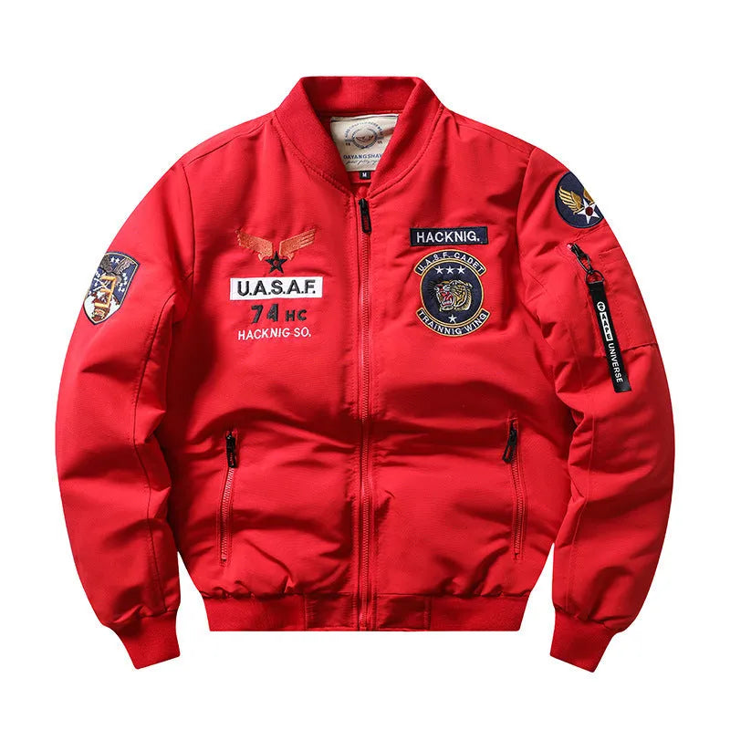 Men's slim-fit Harley motorcycle embroidered cotton-padded coat in blue with stand collar and patch pockets