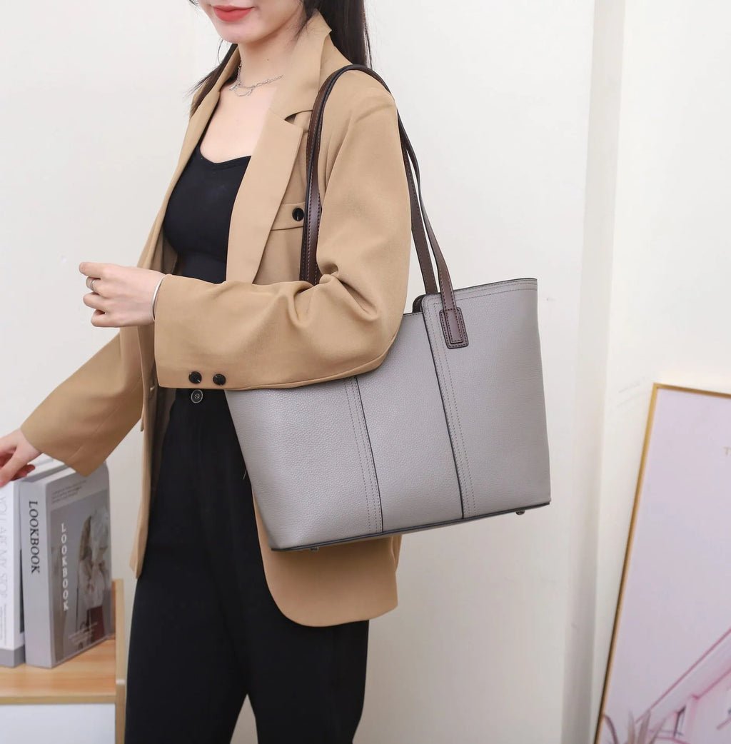Genuine leather women's shoulder bag in box-type design with sandwich pocket and mobile phone compartment