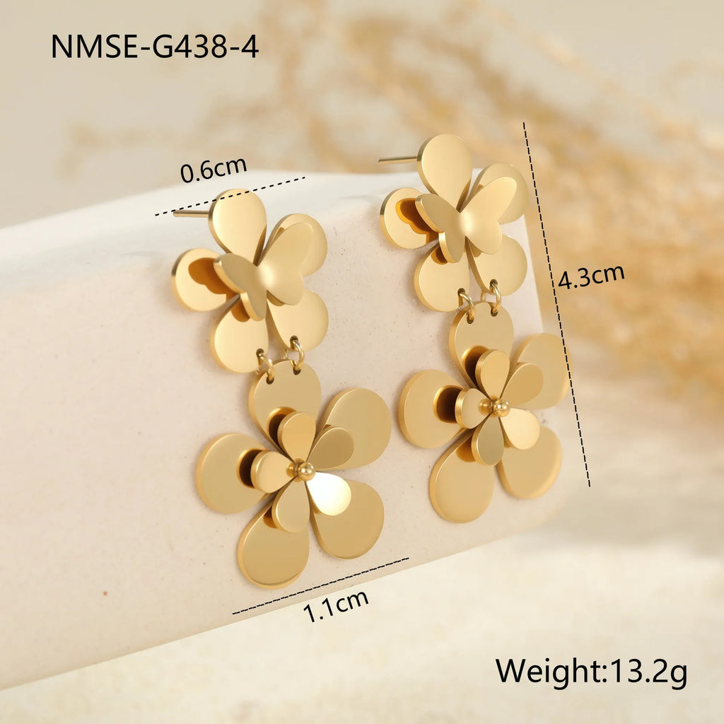 Gold electroplated stainless steel flower butterfly earrings for women