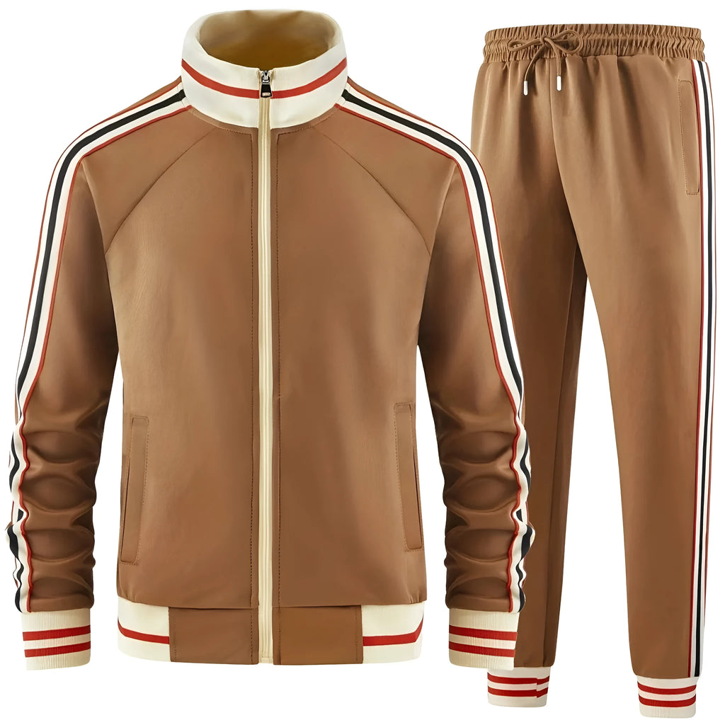 Khaki coloured turtleneck zipper cardigan and matching trousers suit for men on a hanger.
