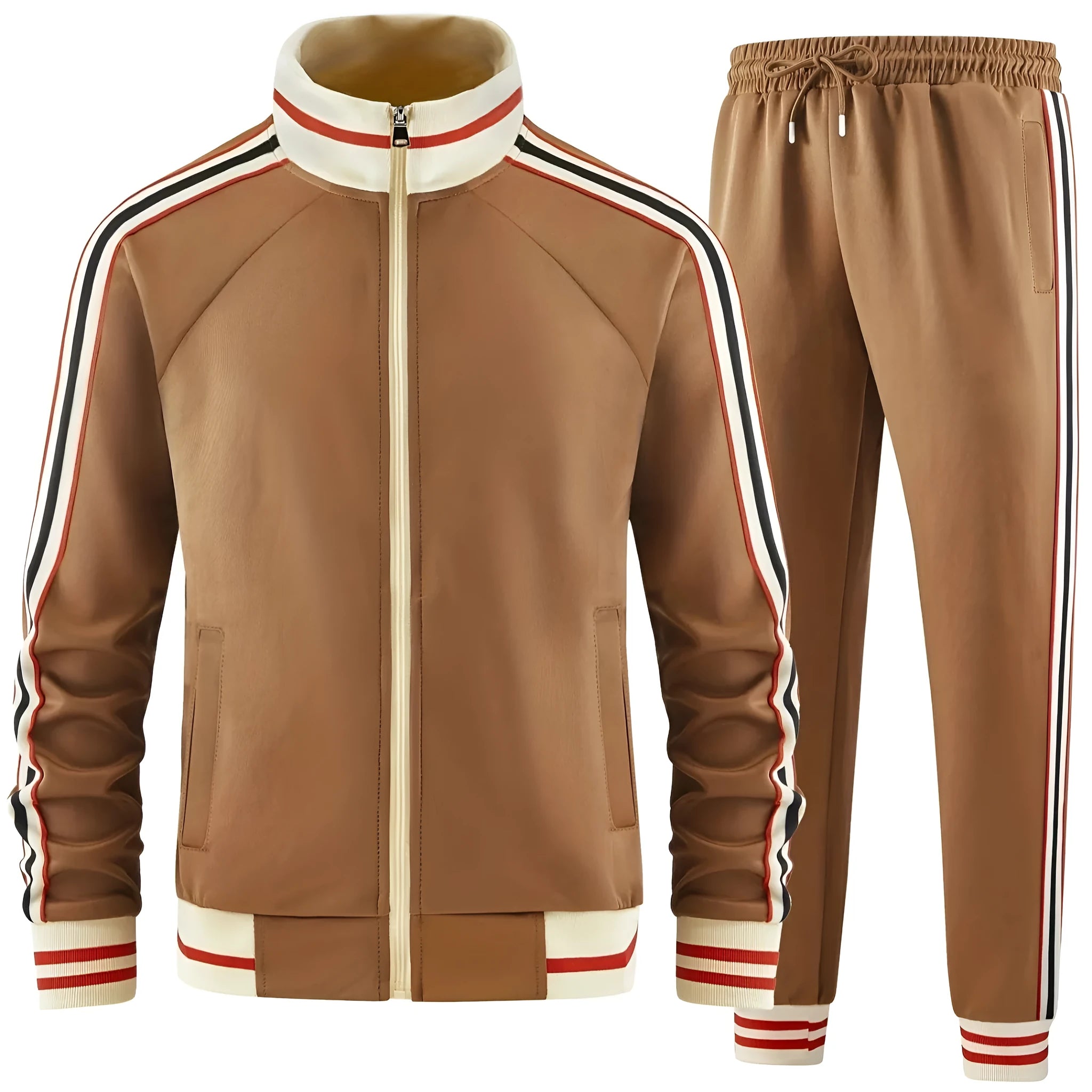 Khaki coloured turtleneck zipper cardigan and matching trousers suit for men on a hanger.