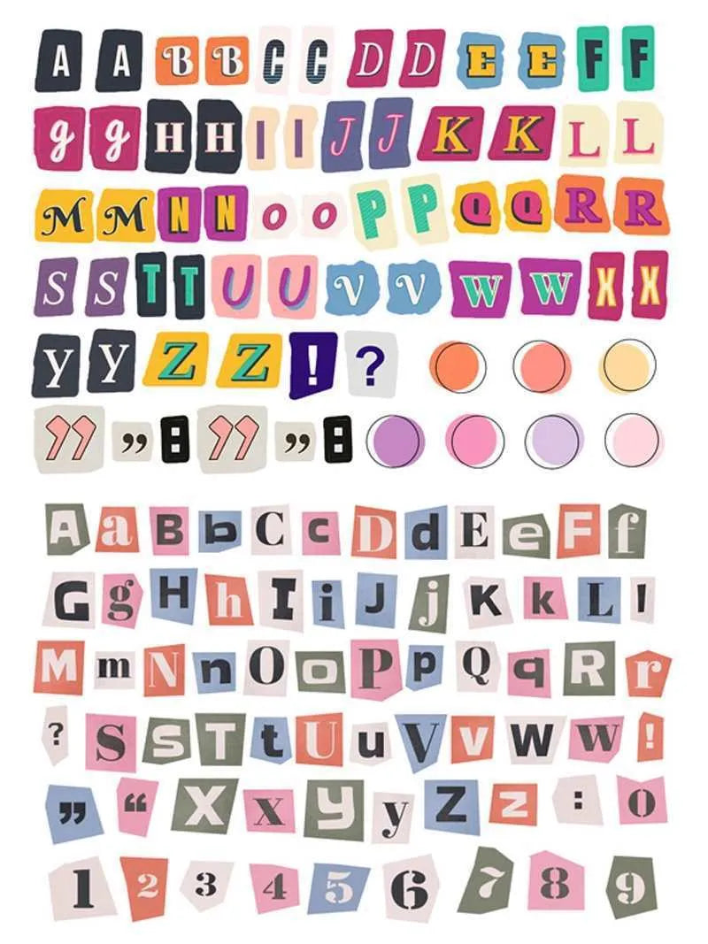 English letters and numbers symbol label stickers showing full alphabet sets and weekly words in cute style