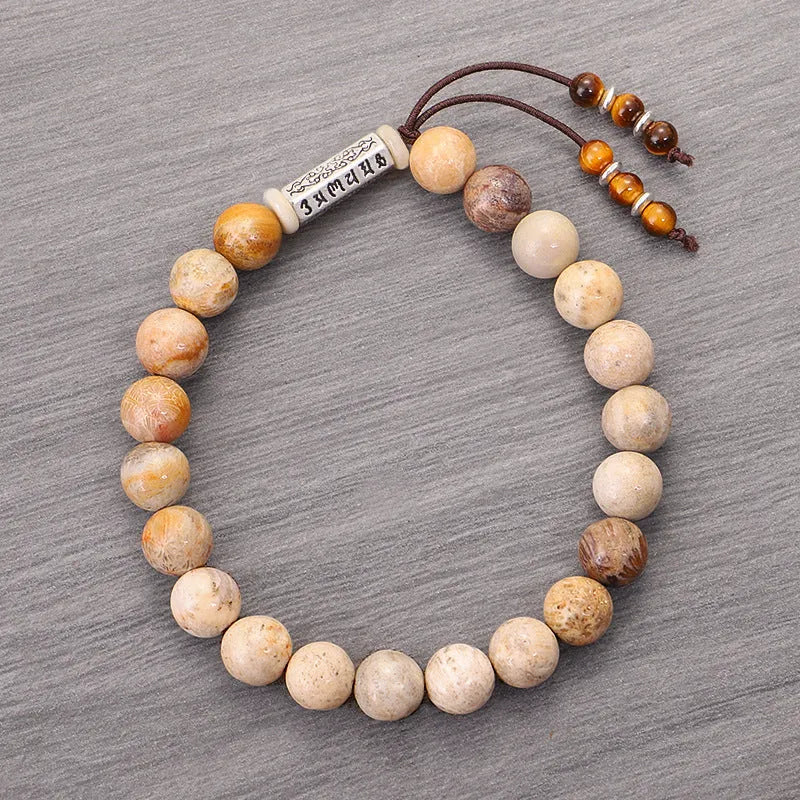Handmade stone bead bracelet with wooden colour accents in retro minimalist design