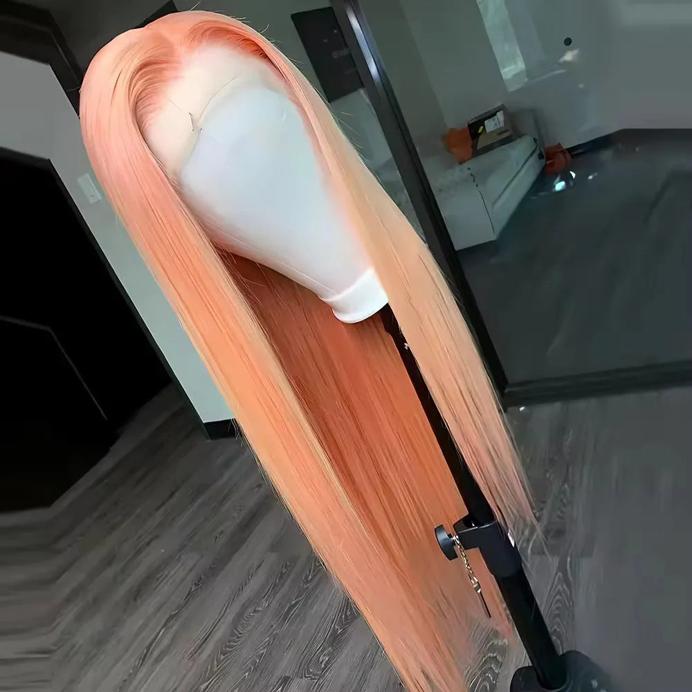 Light orange long straight synthetic wig with front lace cap, shown on a model.