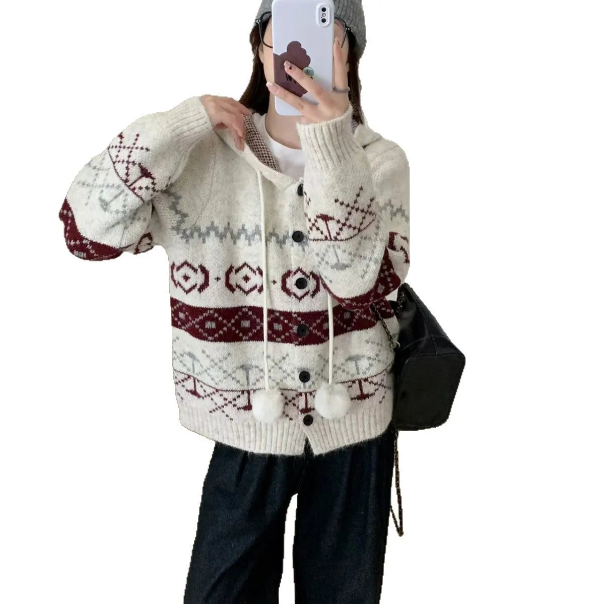 Women's plus size brocade sweater coat with geometric pattern in loose fit free size