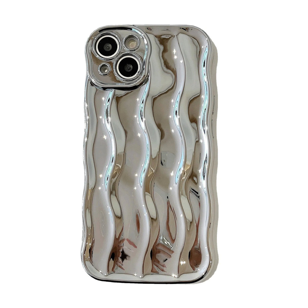 Electroplating three-dimensional wave stripe iPhone 17 protective case in silver plated colour showing back design