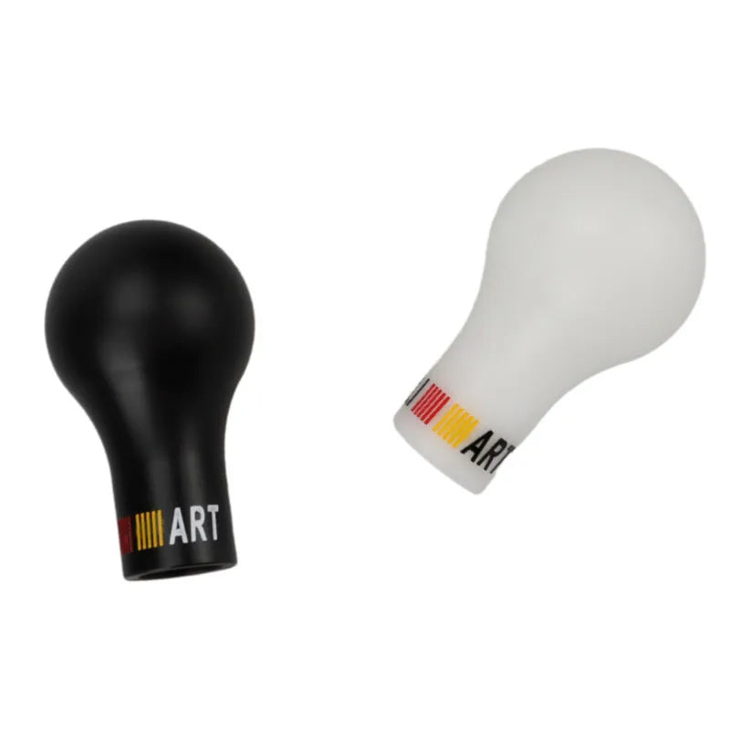 Manual automatic five-gear car gear head shifter in white, black, blue, red, and carbon fibre finishes.