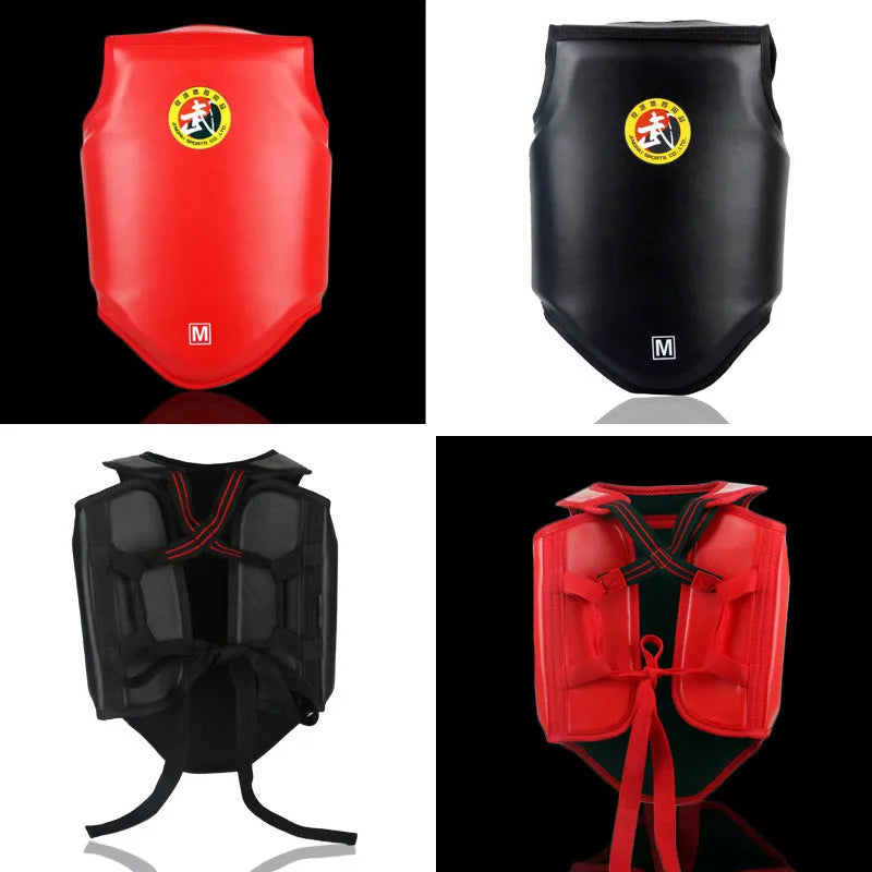 Red boxing helmet and matching one-piece chest protector for training.