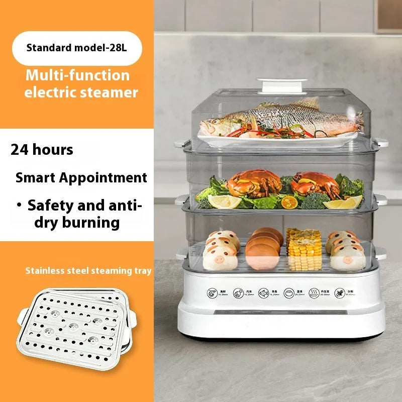 Stainless steel electric steamer with 28-litre capacity and steaming rack