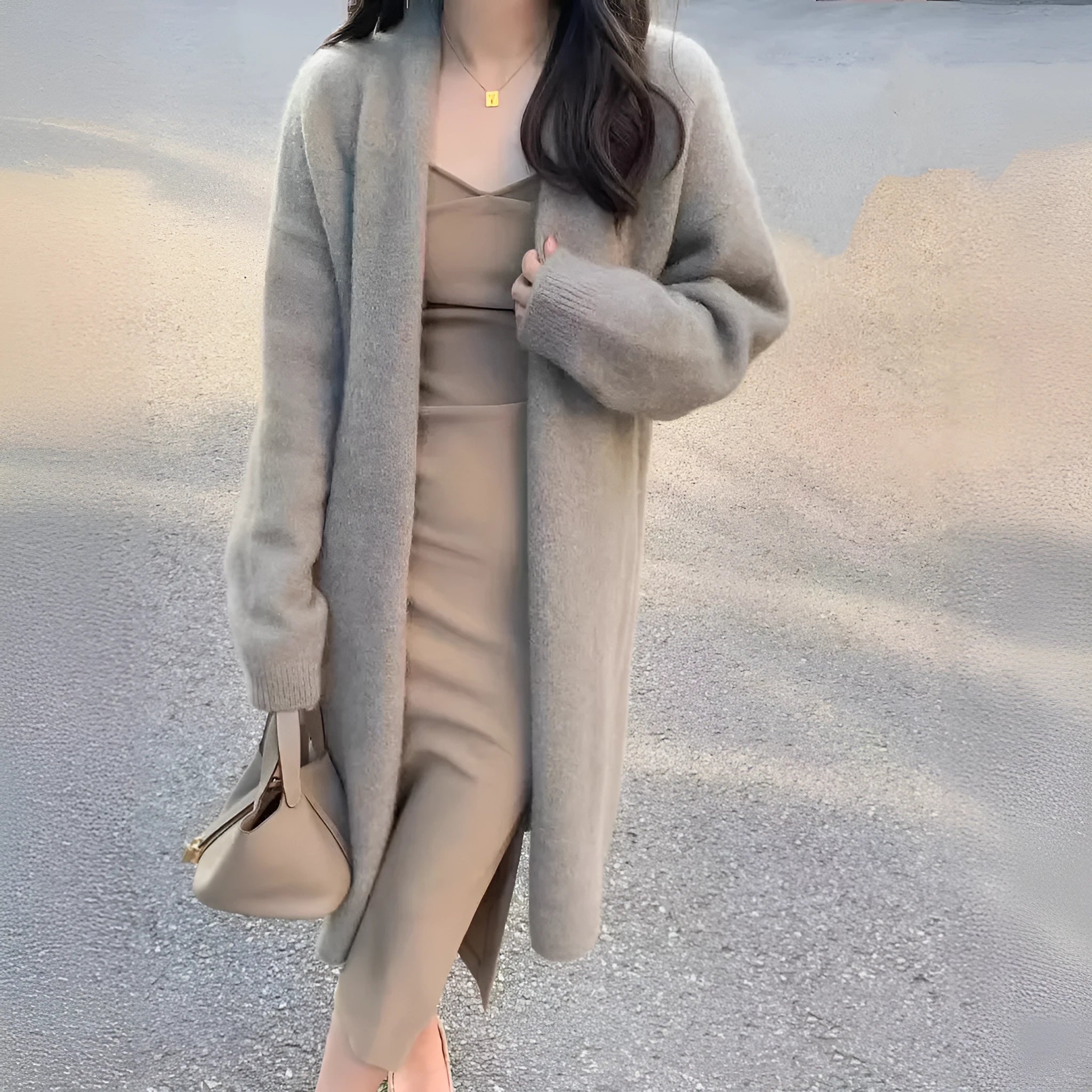 Women's V-neck knitted cardigan in mid-length style with long sleeves and loose fit