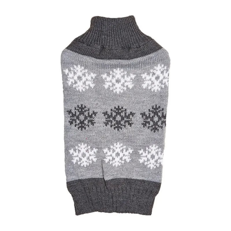 Grey dog sweater with snowflake pattern for Christmas, size L.