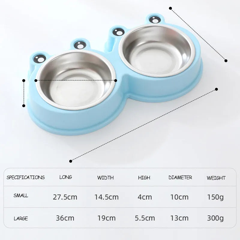 Stainless steel pet double bowl in frog shape for feeding and drinking water