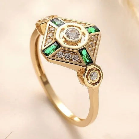 Square geometric women's emerald diamond ring with electroplated lvzuan colour finish
