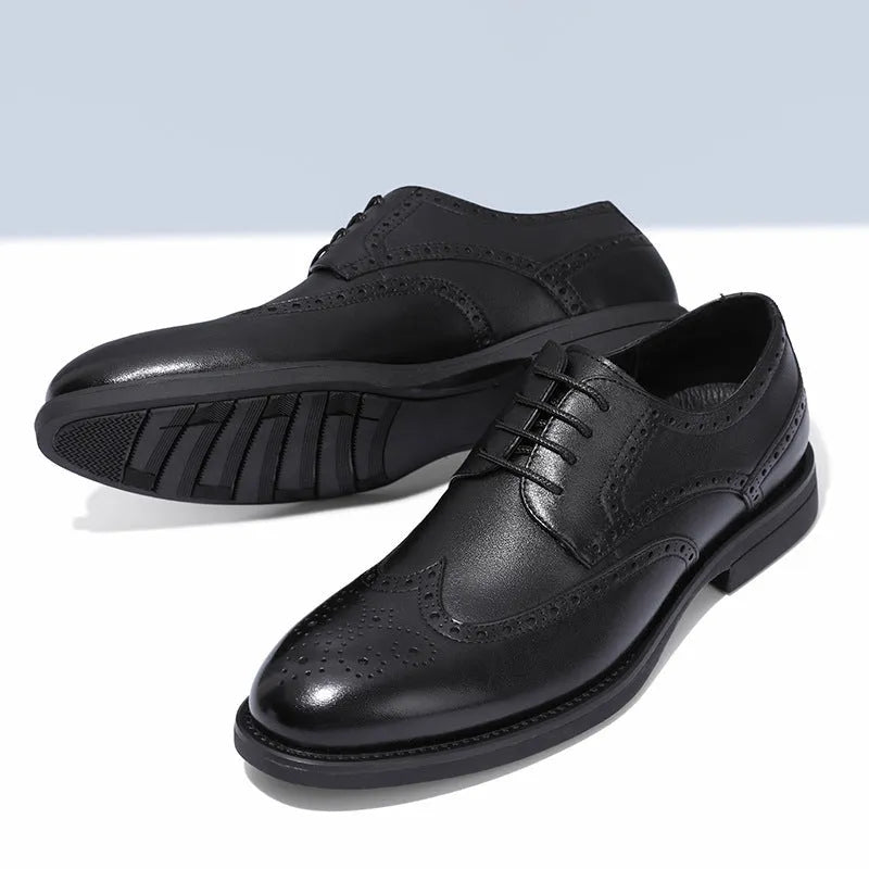 Men's black and brown brogue leather shoes for business occasions with traditional perforated detailing
