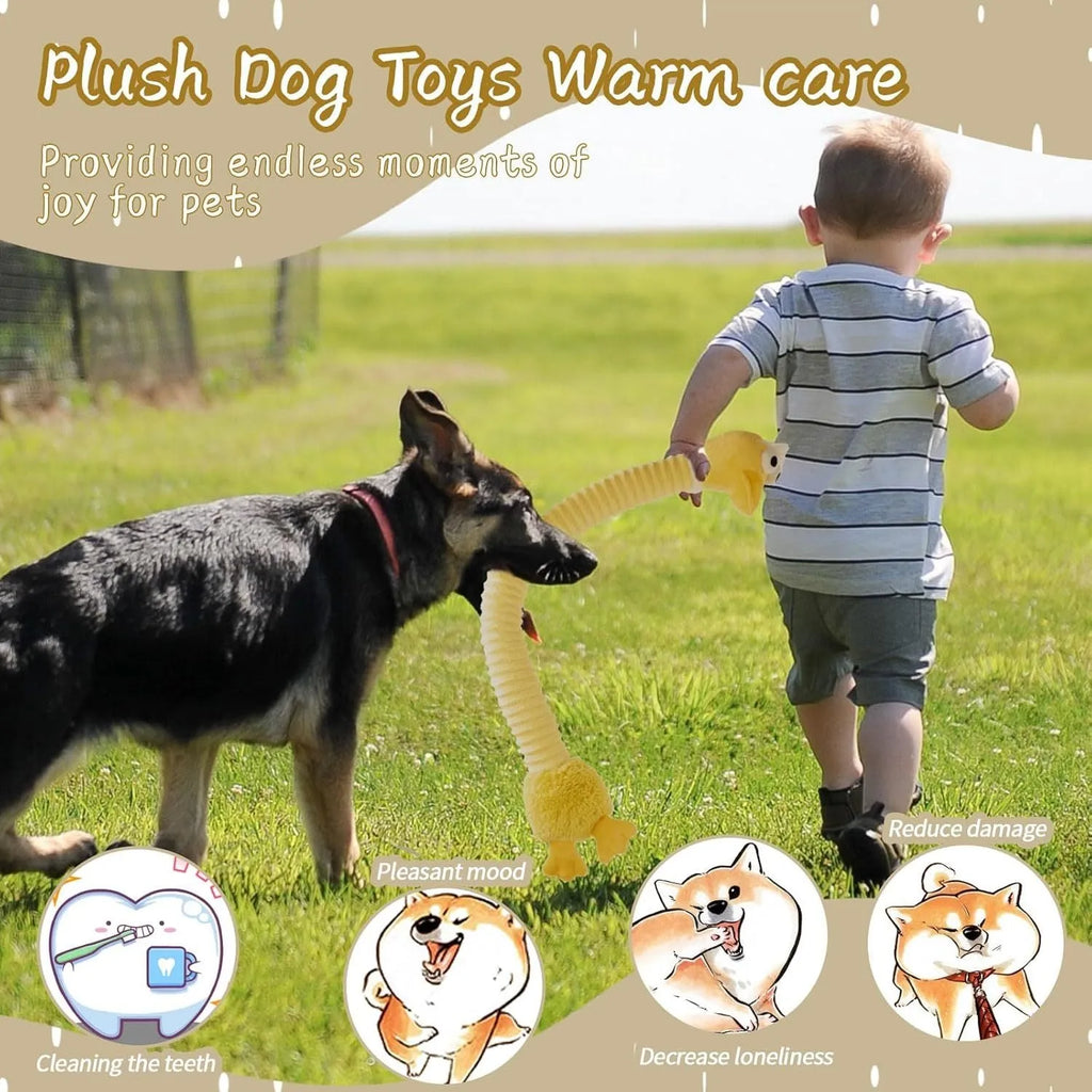 Plush squeaky dog toy with crinkle sounds and foldable design in brown, grey, and yellow colours
