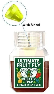 Fruit fly bait liquid bottle with optional funnel for kitchen fly traps