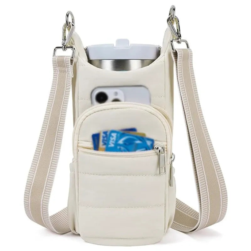 Cloth bicycle water bottle bag in black, pink and beige colours