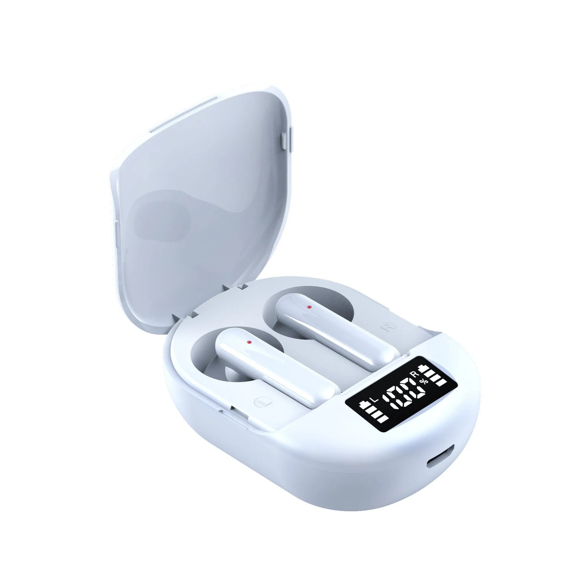 Black and white wireless in-ear Bluetooth headset with digital display next to its charging case.