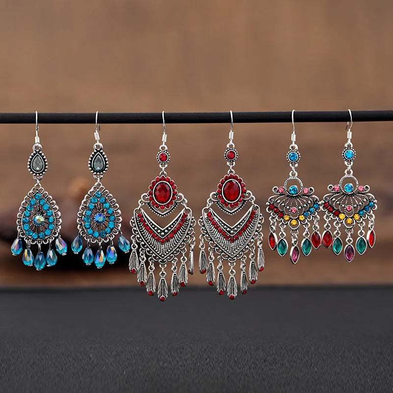 Purple retro fringe earrings with crystal drops and ethnic styling