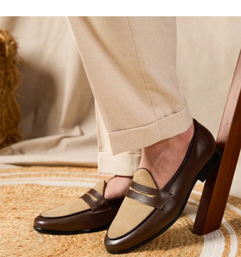 Coffee grey suede Belgium loafers for men with a slip-on design and rubber sole.
