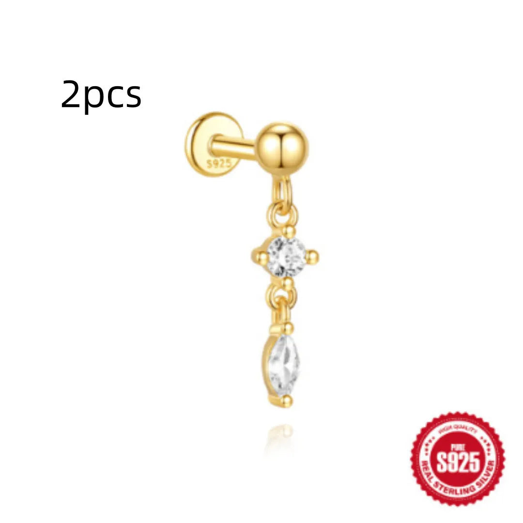 S925 sterling silver water drop earrings for flat spiral piercings with geometric design and gold electroplating