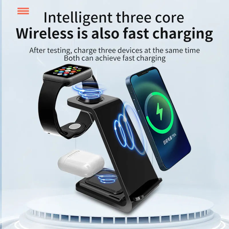 White 3-in-1 wireless charger stand with upright phone holder and dual-coil charging pad