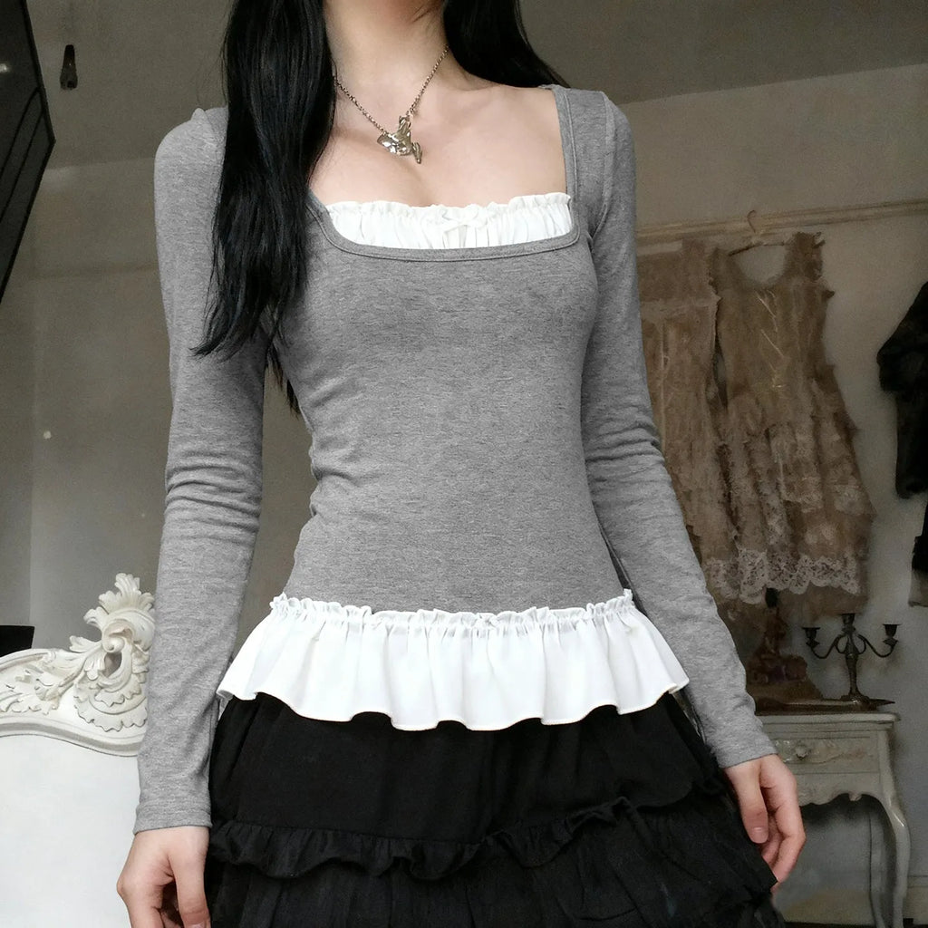 Women's casual fake two-piece lace long sleeve t-shirt in gray slim fit