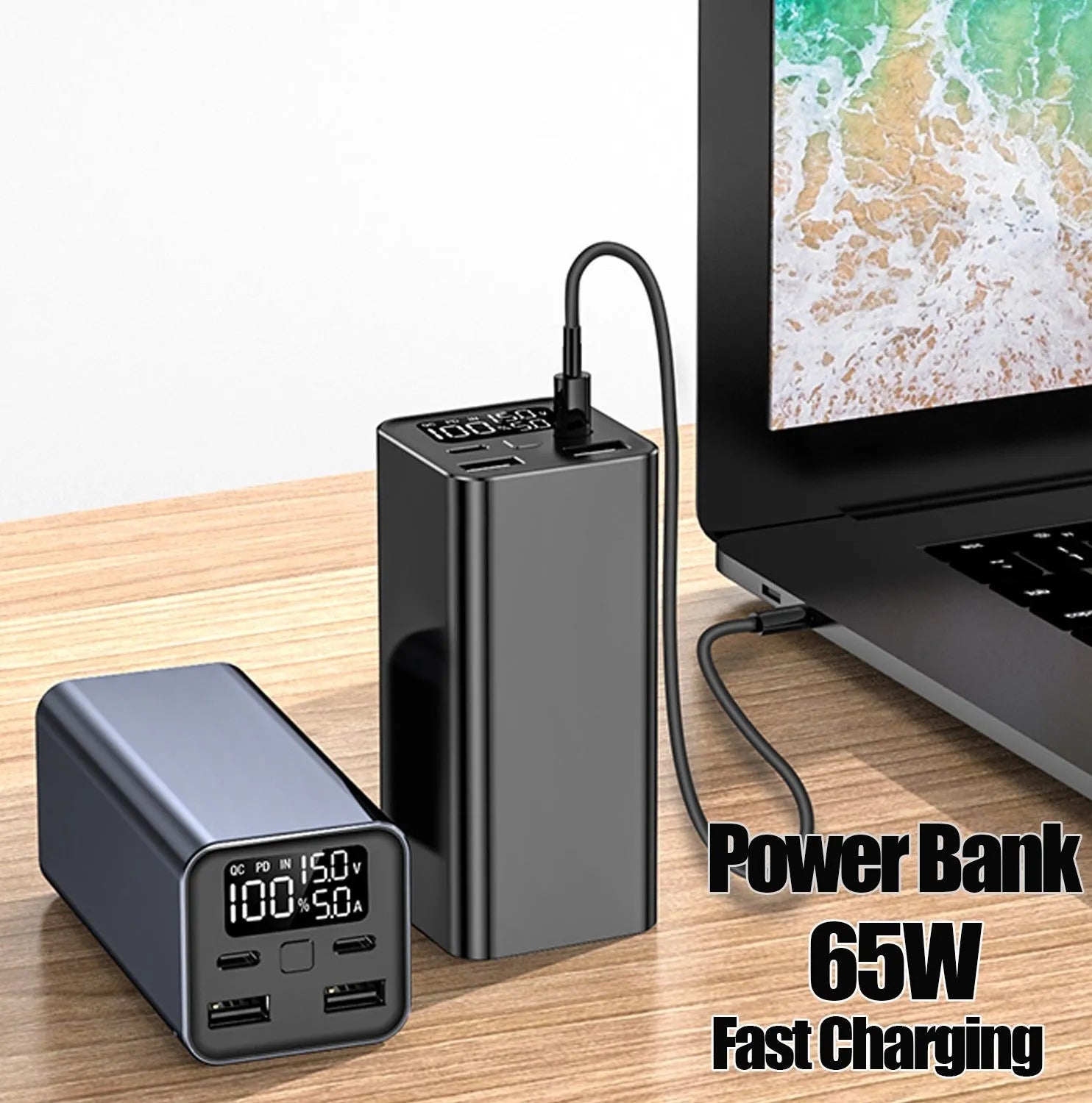 Black metal 65W 20000mAh power bank for laptop and USB-C device charging