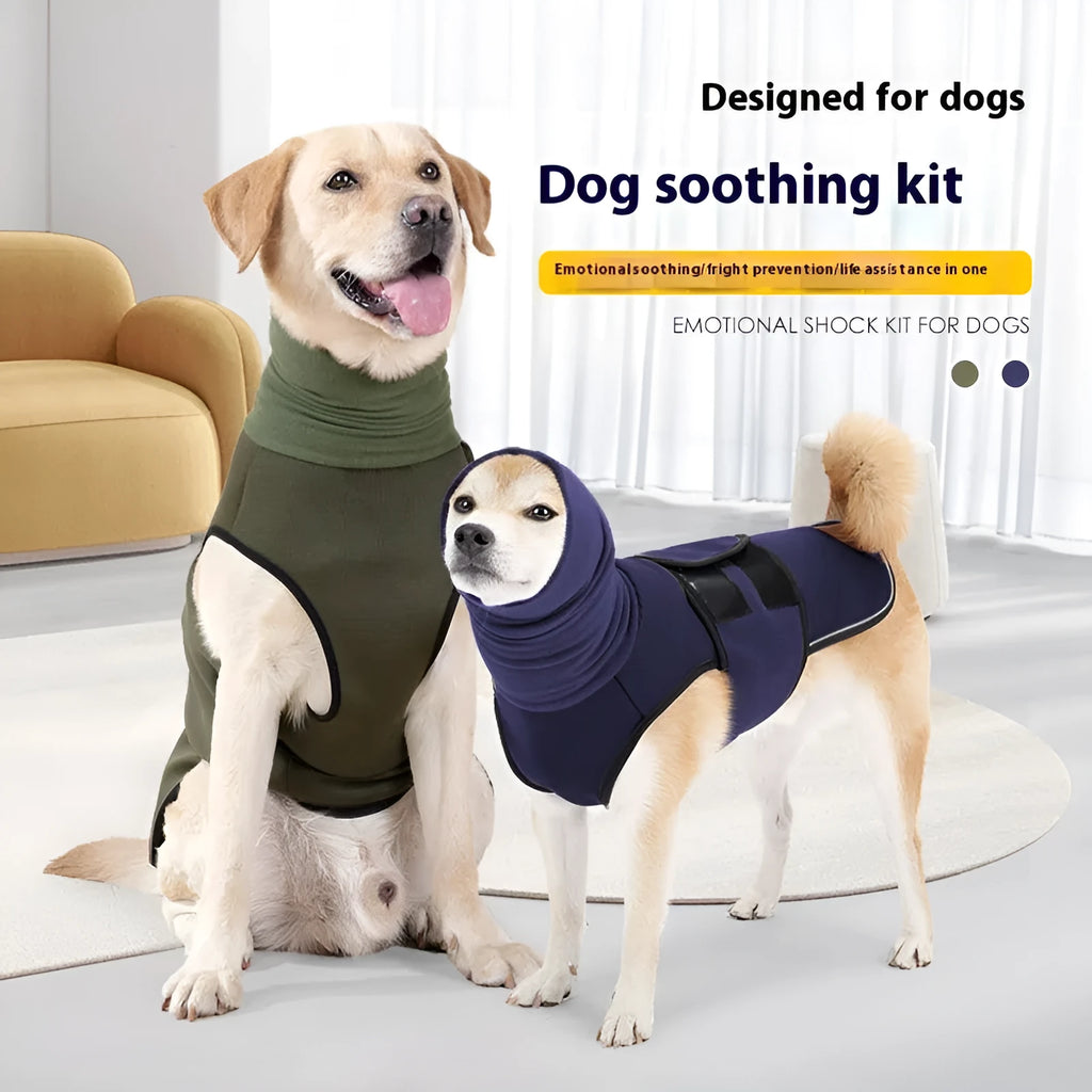 Dog wearing anti-anxiety calming jacket in polyester fabric for mood soothing pressure therapy