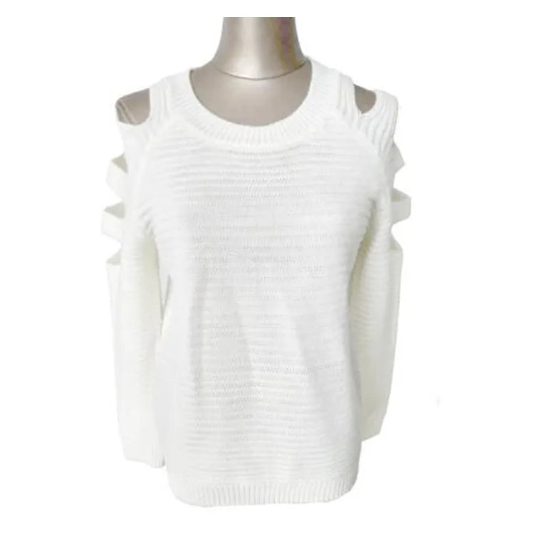 Grey women's knitted shirt with hollow-out crochet pattern, round neck and long sleeves.