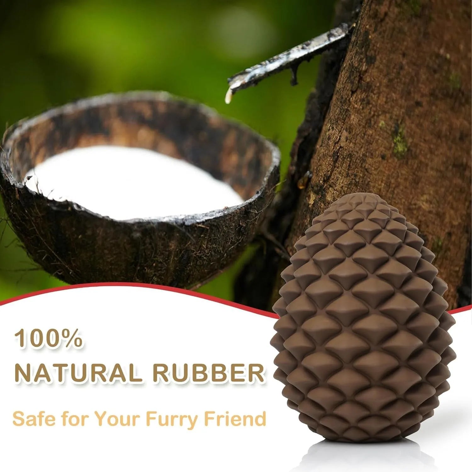 Yellow pine cone shaped natural rubber dog chew toy with treat dispenser hole, for medium and large breed dogs.