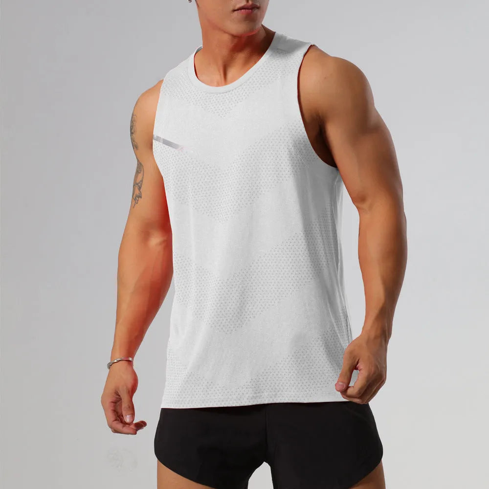 Men's solid colour quick-drying sports tank top in a polyester blend fabric.