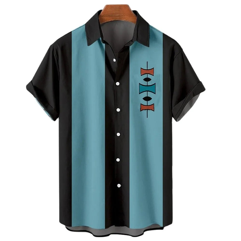 Men's striped Hawaiian casual shirt with button front and short sleeves in elastic polyester fabric