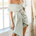 Women's matcha green off-shoulder high waist dress with lace-up back and short sleeves
