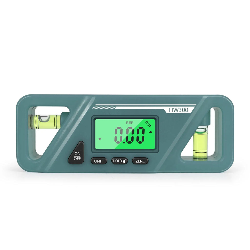 Digital magnetic inclinometer level meter showing angle reading on display, placed on a metal surface.