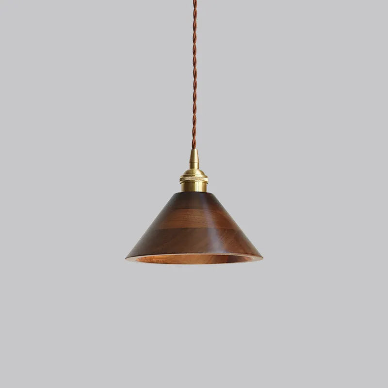 Black walnut single-head droplight chandelier with copper wood art construction.