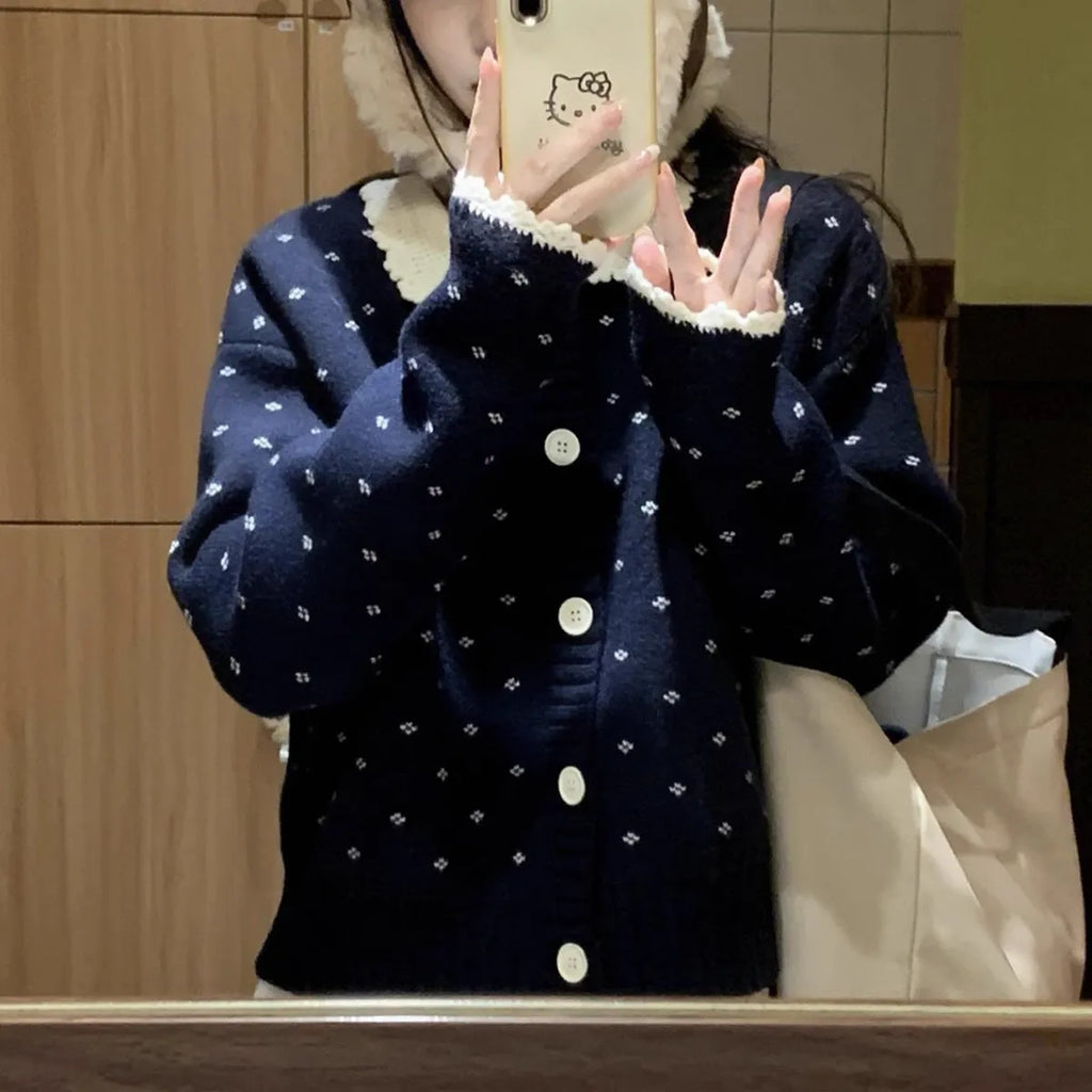 Cashmere knit cardigan with Peter Pan collar and floral embroidery in navy blue, apricot, grey colours