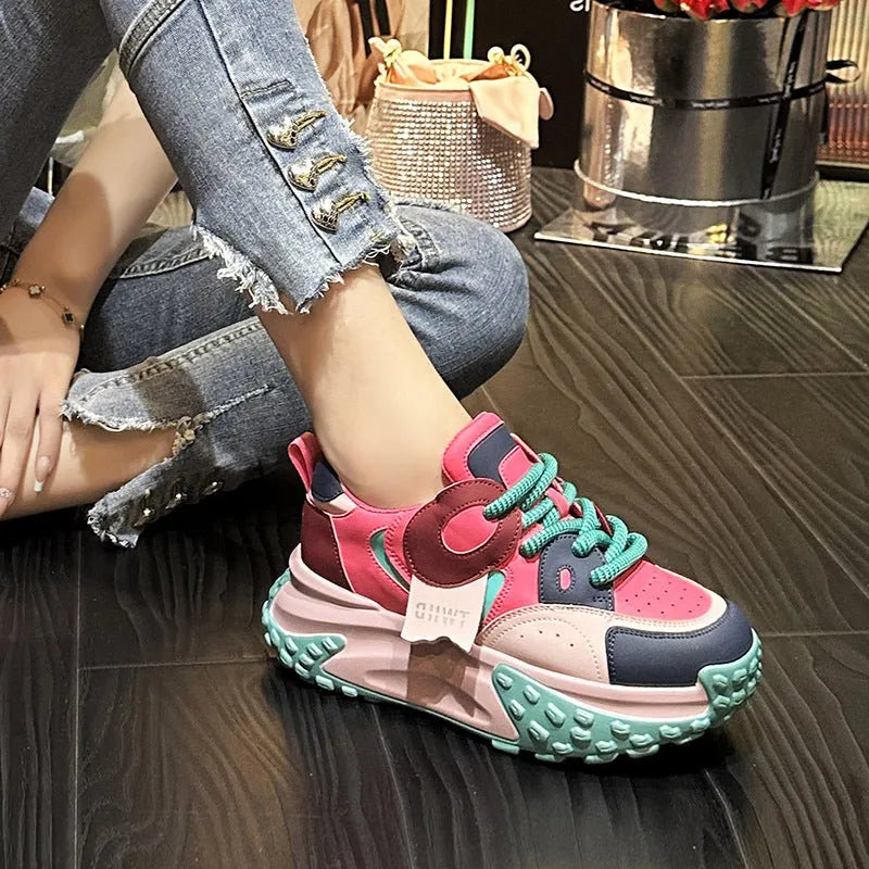 Women's silver leather casual shoes with thick wedge soles and lace-up front.