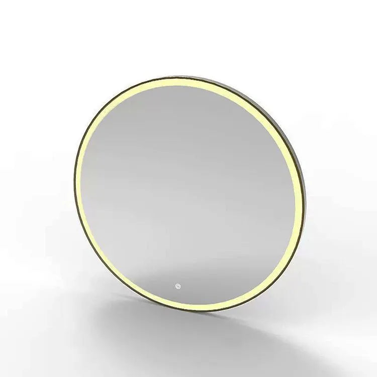 Round black aluminium frame LED smart bathroom mirror on wall with touch control for light colour and dimming.