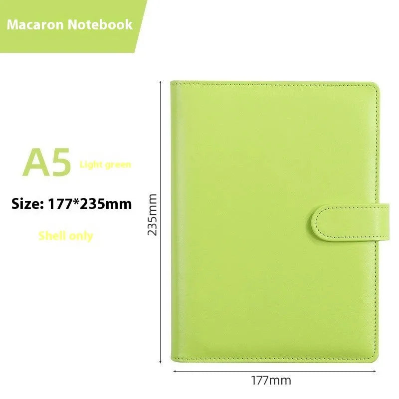 A5 PU leather zipper notebook shell in multiple solid colours, showing closed and open views.
