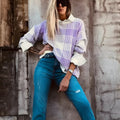 Women's loose lilac plaid print sweater with ribbed trim and long sleeves