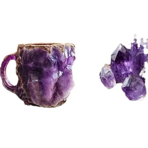 Purple and blue resin coffee mug with crystal texture and handle on wooden table