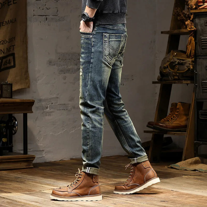 Men's skinny fit jeans in a retro blue colour with a zip fly.
