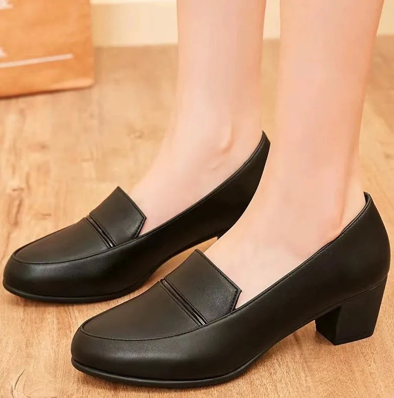 Women's soft leather chunky heel mom shoes in black, pointed toe slip-on style