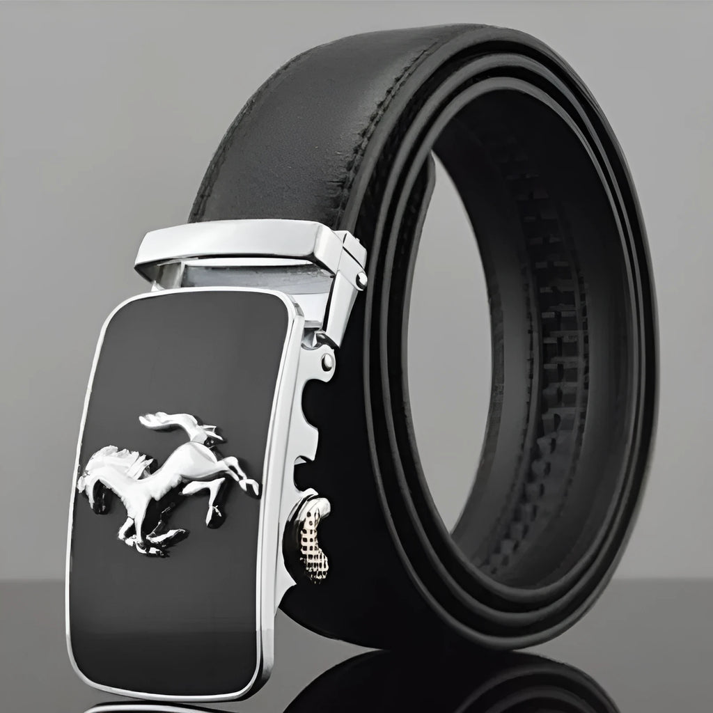 Men's black leather belt with automatic buckle, shown with chromium and gold buckle style options.