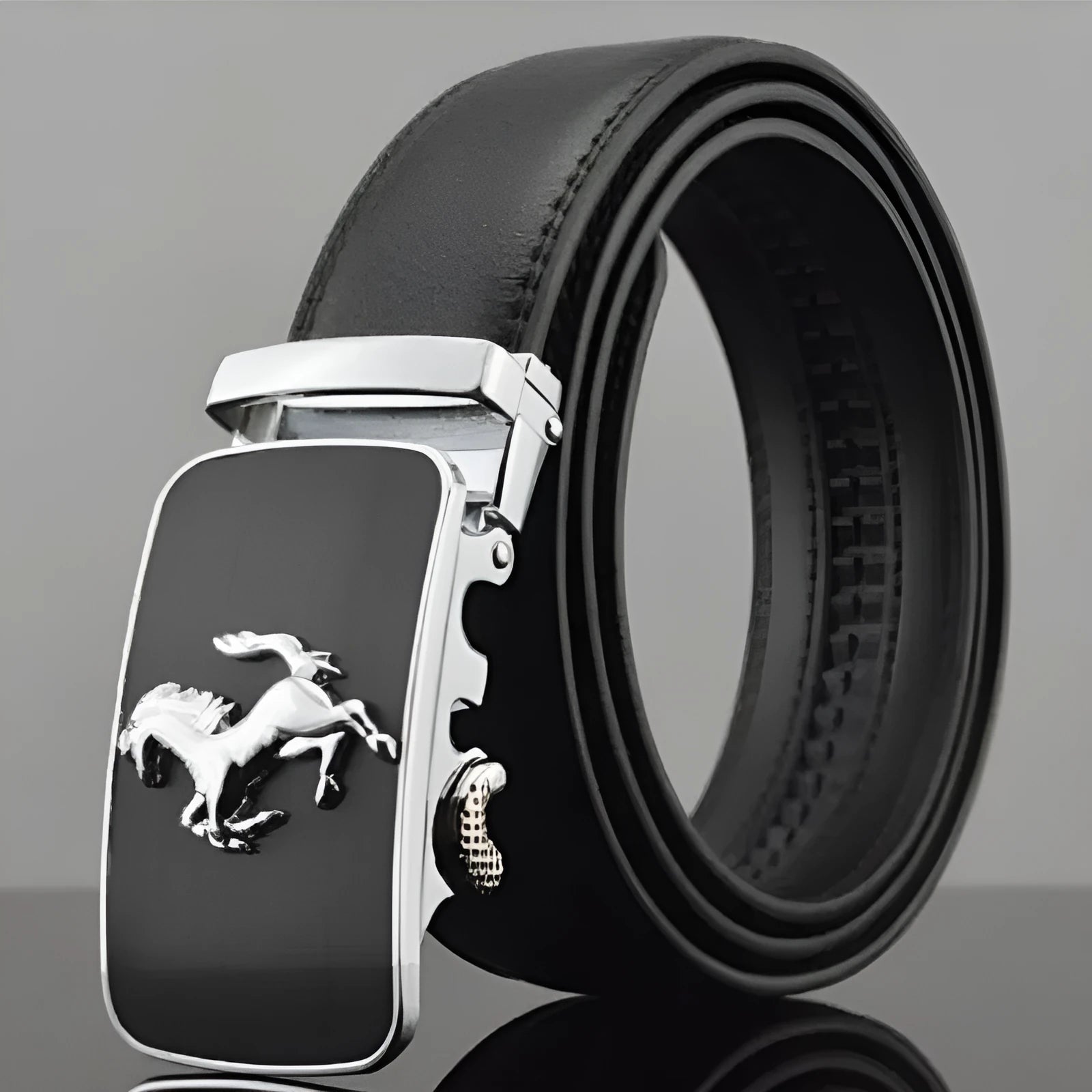 Men's black leather belt with automatic buckle, shown with chromium and gold buckle style options.