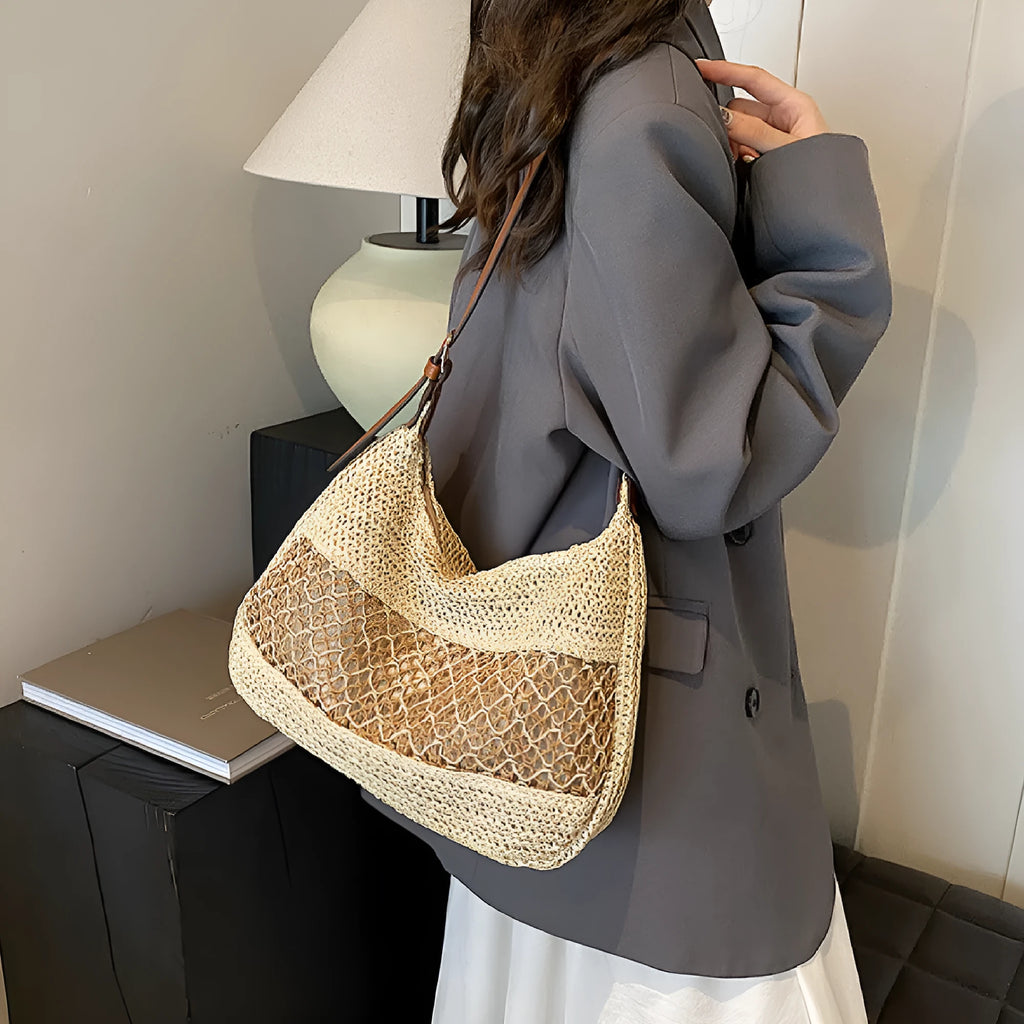 Women's casual soft straw cross body bag in khaki beige with horizontal square shape and sandwich pocket